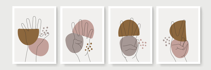 Abstract geometric, natural hand gesture Monoline shapes poster set in mid century style. Contemporary minimalist backgrounds modern boho style. Mid century wall decor, vector art print