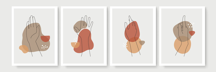 Abstract geometric, natural hand gesture Monoline shapes poster set in mid century style. Contemporary minimalist backgrounds modern boho style. Mid century wall decor, vector art print