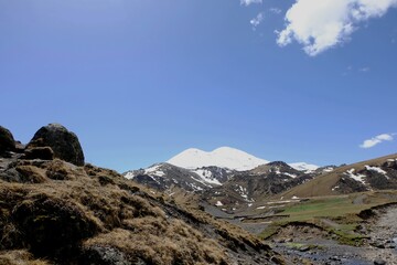 Mountain tourism in the Caucasus. Wonderful views of peaks, gorges, streams.