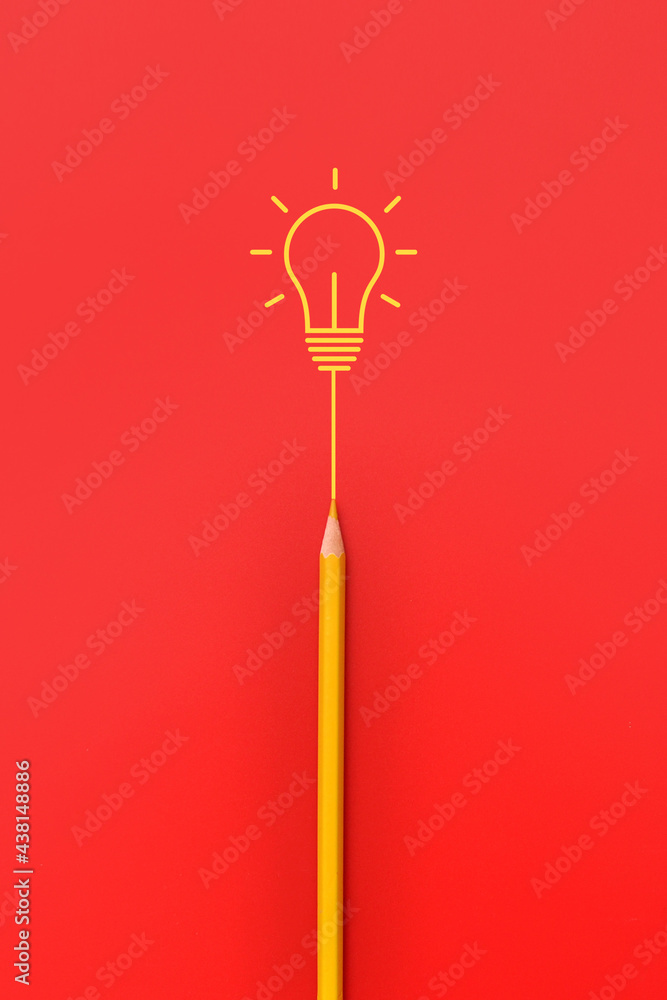 Poster a burning light bulb and a pencil. a symbol of a difficult task and the emergence of a creative idea