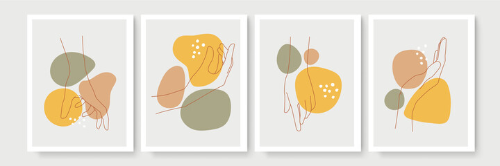 Set of vector wall art posters on a hand gesture mono theme. Set of hand drawn line of foliage and geometric shapes. Abstract design for prints, covers, wallpapers, minimalistic and natural wall art.