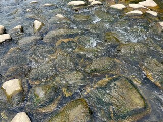 beautiful ripples on river flow over colorful stones in summer sunshine