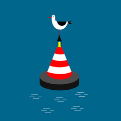 seagull on buoy in sea. Sea bird at lighthouse
