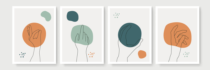 Hand gesture Monoline abstract wall art vector set. boho Foliage line art drawing with abstract shape. Abstract Hand Art design for print, cover, wallpaper, Minimal and natural wall art.