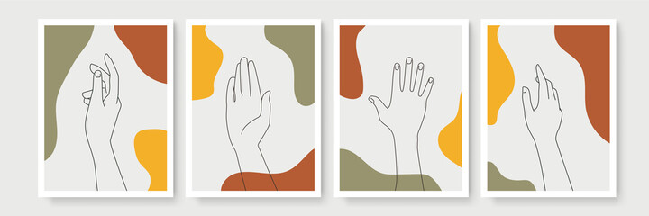 Modern hand gesture abstract aesthetic set of geometric balance shapes, monoline and blobs. Wall decor in boho style. Mid century vector print for cover, wallpaper, card, social media, interior decor