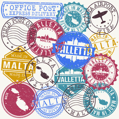 Valletta Malta Set of Stamps. Travel Stamp. Made In Product. Design Seals Old Style Insignia.