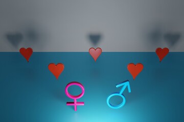 Gender symbols. Male and female couples. Valentines day concept. Group of red hearts. Valentine's day. Love and romance. 3D illustration