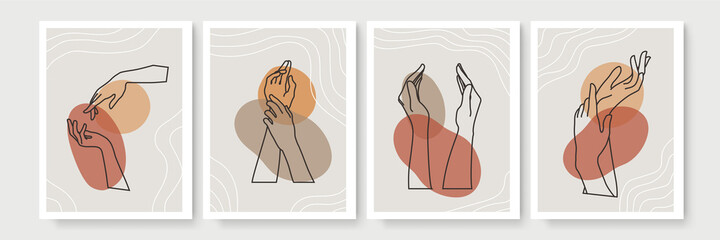 Modern minimalist hand gesture Monoline art abstract aesthetic illustrations. Bohemian style wall decor. Collection of contemporary artistic posters.
