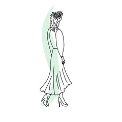 Girl model from back in wreath, contour drawing of a girl in a dress with wavy hair on a gentle green spot