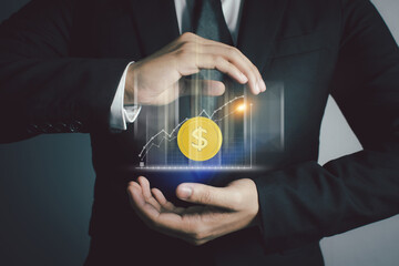 Business people are using Stock chart innovative technology. Mixed media, digital and online concept.