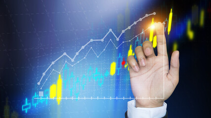 Business people are using Stock chart bitcoin  innovative technology. Mixed media, digital and online concept.