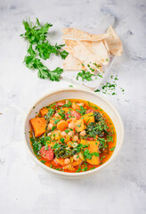 Sweet potatoes, kale and chickpea soup