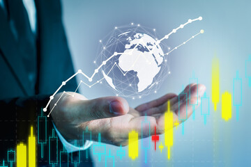 Business people are using Stock chart bitcoin  innovative technology. Mixed media, digital and online concept.