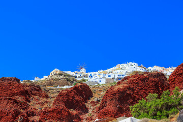 Greece Santorini island in Cyclades, traditional sights of white washed houses panoramic view in Oia