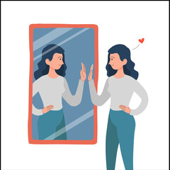 Woman or girl looks in the mirror and pleased with herself. Self love and happiness concept. The woman gives the reflection a high five.