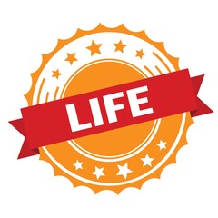LIFE text on red orange ribbon stamp.