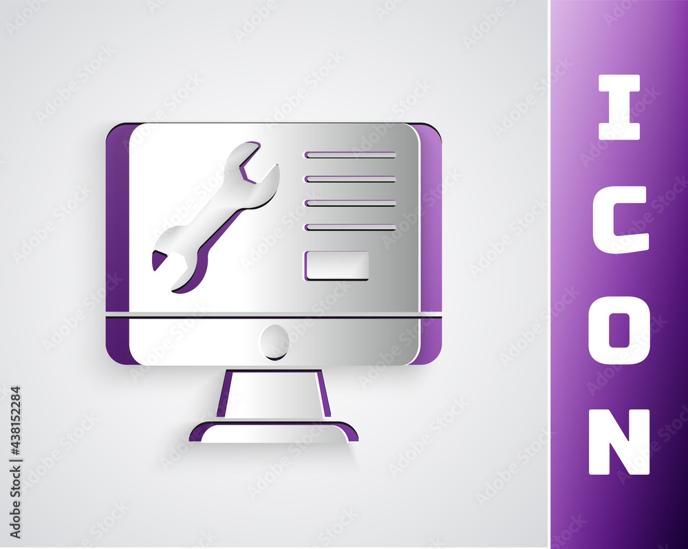 Poster paper cut computer monitor with wrench icon isolated on grey background. adjusting, service, setting