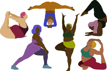 Body positive, plus size black african american women practice yoga.  Flat style vector illustration isolated on white background. Nude colours. Body type, beauty, body positive concepts.