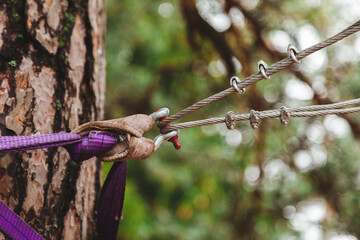 Climbing mount for suspension bridge, carabiners and slings for training at height, extreme sports