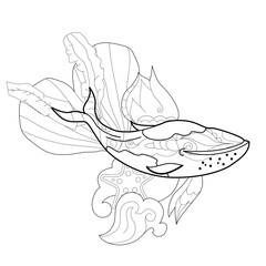 Contour linear illustration with marine animal for coloring book. Cute whale, anti stress picture. Line art design for adult or kids  in zentangle style and coloring page.