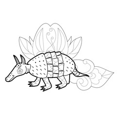 Contour linear illustration with animal for coloring book. Cute armadillo, anti stress picture. Line art design for adult or kids  in zentangle style and coloring page.