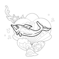 Contour linear illustration with marine animal for coloring book. Cute dolphin, anti stress picture. Line art design for adult or kids  in zentangle style and coloring page.