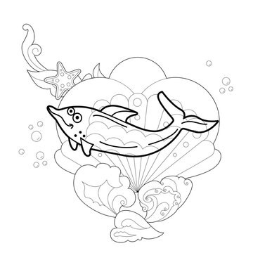 Contour linear illustration with marine animal for coloring book. Cute dolphin, anti stress picture. Line art design for adult or kids  in zentangle style and coloring page.