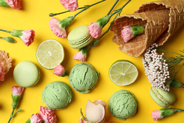 Concept of delicious food on yellow background