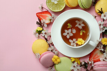 Concept of sweet breakfast on pink background