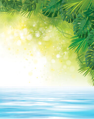 Fototapeta na wymiar Vectot tropical background. Exotic leaves and water, summer background.