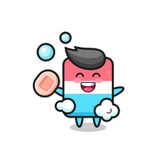 eraser character is bathing while holding soap