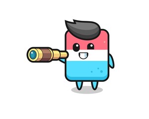 cute eraser character is holding an old telescope