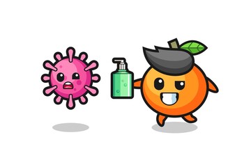 illustration of mandarin orange character chasing evil virus with hand sanitizer