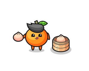 cute mandarin orange character eating steamed buns