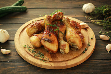 Fried chicken legs with spices on the board on a wooden table.