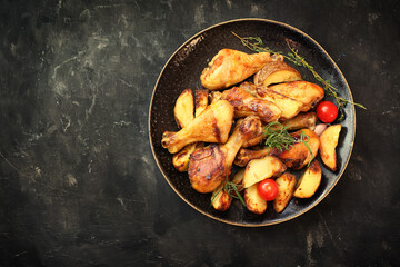 Fried chicken legs with spices and fried potatoes in a plate on a black background
