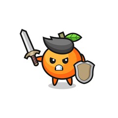 cute mandarin orange soldier fighting with sword and shield