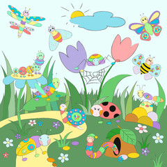 Drawing for children with a large variety of cute cartoon insects and small animals (worm, snail) to explore the world around them. Big colorful poster. Vector illustration