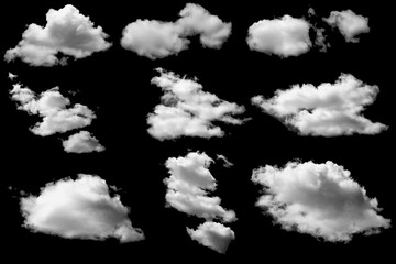 Set of clouds white  on a isolated  black background.