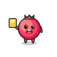 cartoon cranberry character as a football referee giving a yellow card