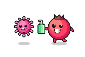 illustration of cranberry character chasing evil virus with hand sanitizer