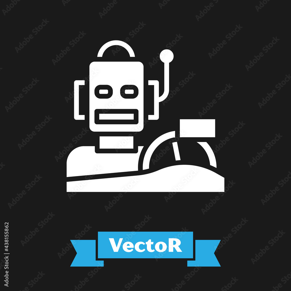 Aufkleber white robot humanoid driving a car icon isolated on black background. artificial intelligence, machi