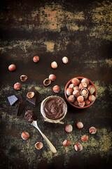 Chocolate nut spread in a jar. Hazelnuts.