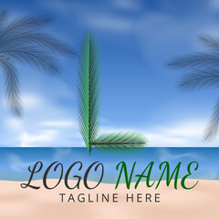 Fototapeta na wymiar Letter L Logo Simbols Green tropical coconut leaf with creative summer concept and Beach Background 