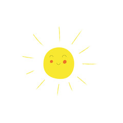 Smiling yellow sun with pink cheeks. In a cartoon style. Great for print for apparel, decoration, typography posters, cards, flyers, banners, baby wears. Kids vector illustration 