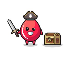 the blood drop pirate character holding sword beside a treasure box