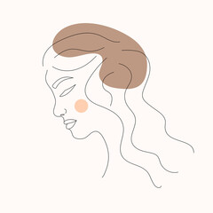One line woman portrait in contemporary abstract style with colorful shapes. Vector hand drawn illustration. 