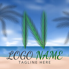 Obraz premium Letter N Logo Simbols Green tropical coconut leaf with creative summer concept and Beach Background 