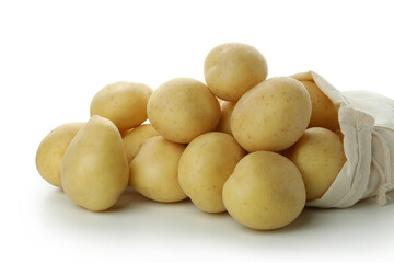 Bag with young potato isolated on white background