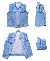 blue denim vest set isolated on a white background, jeans denim vest options: folded, unbuttoned,...